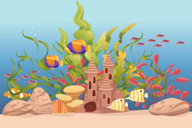 Çimen taşlı balık akvaryumu ve dekoratif öğeler vektör illüstrasyonu beyaz arka planda izole.