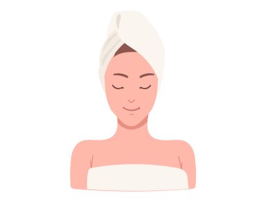 Beyaz arkaplanda beyaz havluyla spa tedavisi gören kadın ve gövde vektör çizimi izole edilmiş..