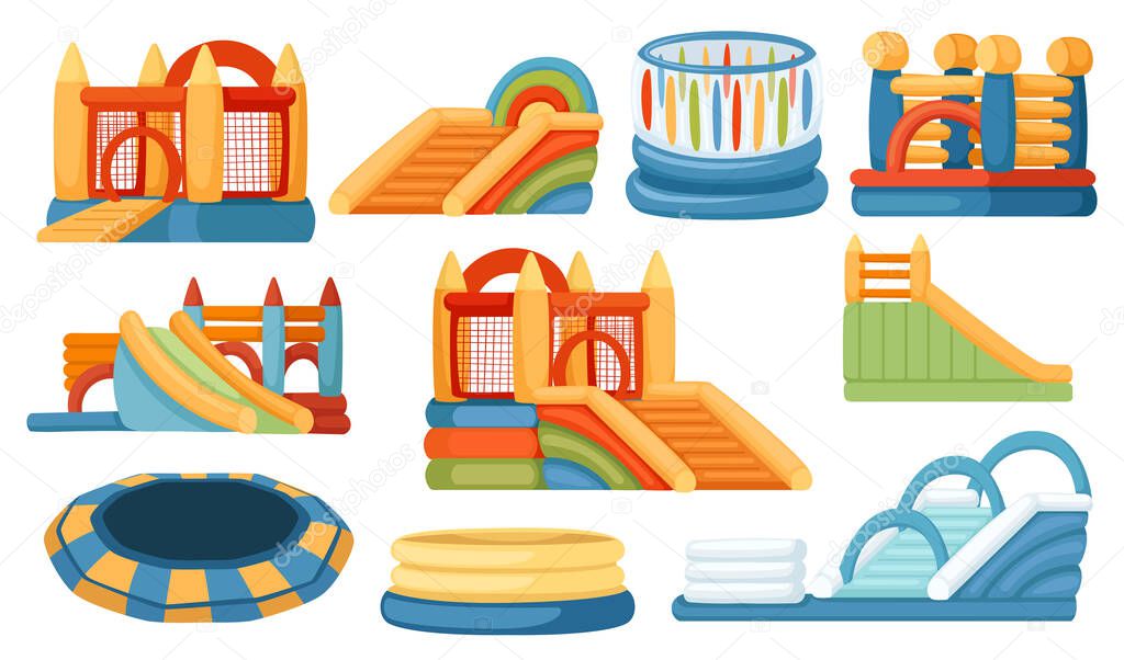 Set of bouncy inflatable castle with tower and safety net vector illustration isolated on white background.