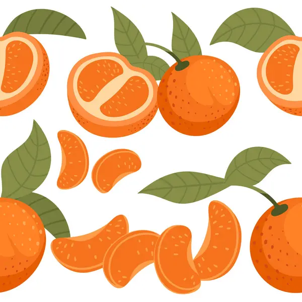 おいしいトロピカルマンダリンオレンジフルーツ柑橘類ファミリーのシームレスなパターン 葉ベクターイラスト 白い背景 — ストックベクタ