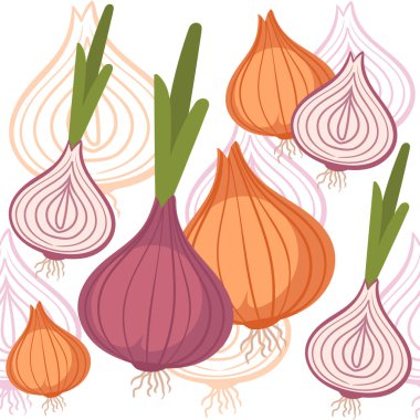 Ampulsüz kırmızı soğan ve yeşil saplı sarımsak. Beyaz arka planda yenilebilir kök vektör çizimi..