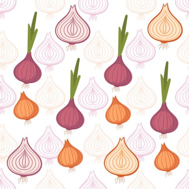 Ampulsüz kırmızı soğan ve yeşil saplı sarımsak. Beyaz arka planda yenilebilir kök vektör çizimi..