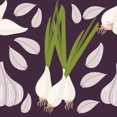 Yeşil saplı, pürüzsüz sarımsak deseni koyu arkaplanda yenilebilir kök vektör çizimi.