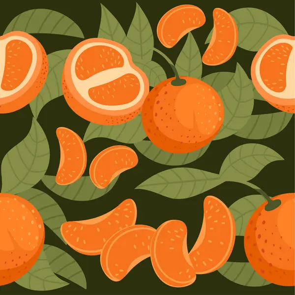Płynny Wzór Smaczne Mandarynki Tropikalne Pomarańczowy Owoców Cytrusowych Rodziny Liści — Wektor stockowy