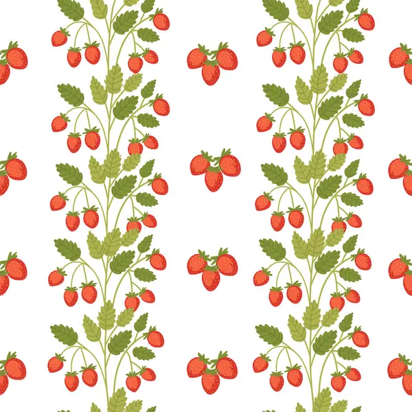 Rood Smakelijke Wilde Aardbei Groene Stengel Met Bladeren Vector Illustratie — Stockvector