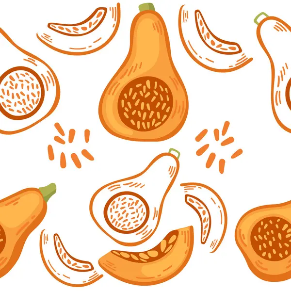 Sömlöst Mönster Orange Pumpa Säsongsbetonad Grönsak Vektor Illustration Vit Bakgrund — Stock vektor