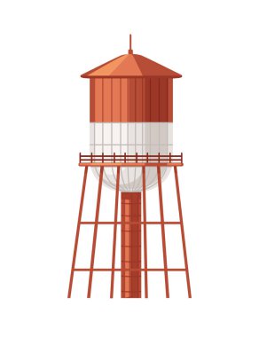 Beyaz zemin üzerinde izole edilmiş oval su tankı kırsal su rezervuarı altyapı vektörü illüstrasyonuna sahip metal su kulesi.