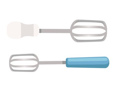 Beyaz arkaplanda izole edilmiş fırın vektör illüstrasyonu için iki elde tutulan metal çırpma.