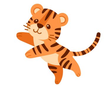 Beyaz arka planda izole edilmiş şirin kaplan yavrusu çizgi film hayvan tasarımı vektör çizimi.