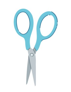 Beyaz arkaplanda izole edilmiş turkuaz saplı paslanmaz çelik makas vektör çizimi.