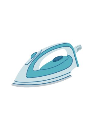 Mavi renkli plastik buhar demiri ve beyaz arkaplanda izole edilmiş düğme vektör çizimi.