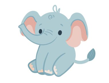 Beyaz arka planda izole edilmiş şirin fil yavrusu karikatür hayvan tasarımı vektör çizimi.