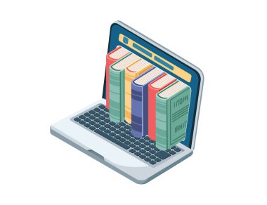 Bilgisayarlı çevrimiçi öğrenme kavramı ve beyaz arkaplanda izole edilmiş ekran vektör illüstrasyonu üzerine kitap yığını.