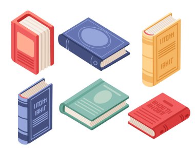 Beyaz arkaplanda izole edilmiş sert vektör illüstrasyonlu farklı bir kitap kümesi.