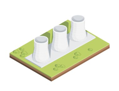 Atomik elektrik üretim vektörünün yeşil karesinin üzerinde duran nükleer santral borusu beyaz arkaplanda izole edilmiş..