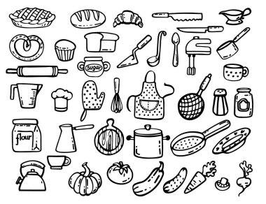 Beyaz arkaplanda izole edilmiş mutfak gereçleri simgesi siyah ve beyaz vektör çizimi.