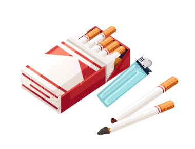 Beyaz arkaplanda izole edilmiş daha hafif vektör illüstrasyonlu karton kutuda sigara.