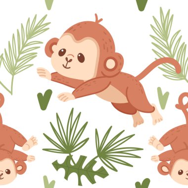 Kusursuz desenli yeşil yapraklı şirin küçük maymun beyaz arka planda çizgi film hayvan tasarımı vektör çizimi.