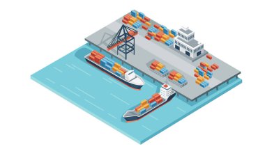 Kargo gemileri ve kargo vinci nakliye hizmetleri yönlendirme vektörü eşölçümsel tasarımı olan deniz terminali..