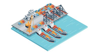 Kargo gemileri ve kargo vinci nakliye hizmetleri yönlendirme vektörü eşölçümsel tasarımı olan deniz terminali..