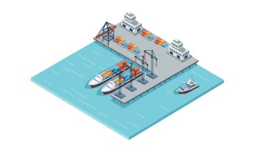 Kargo gemileri ve kargo vinci nakliye hizmetleri yönlendirme vektörü eşölçümsel tasarımı olan deniz terminali..