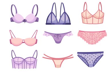 Beyaz arka planda izole edilmiş kadın iç çamaşırı ve külot retro seksi tasarım vektörü çizimi koleksiyonu.