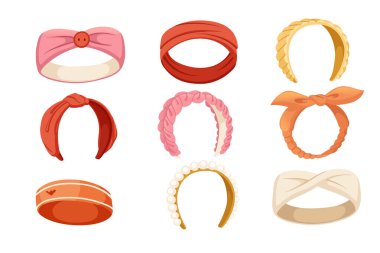 Farklı şekillere ve beyaz arkaplanda izole edilmiş renk vektör illüstrasyonuna sahip kafa bandı koleksiyonu.