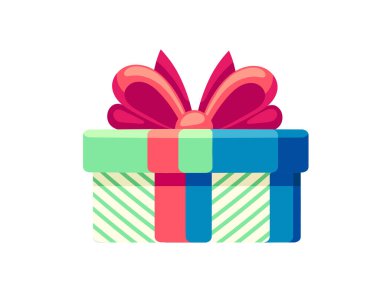 Beyaz arkaplanda izole edilmiş kırmızı kurdele vektör resimli yeşil çizgili hediye kutusu.