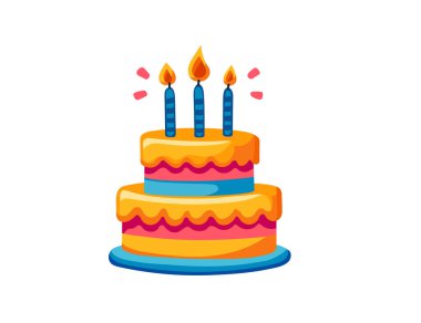 Çift katlı doğum günü pastası. Beyaz arkaplanda üç yanan mum vektör çizimi var..