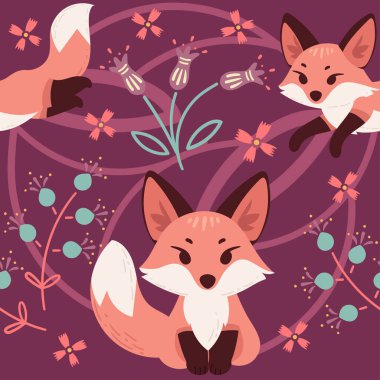 Kusursuz desenli kırmızı tilki çizgi filmindeki kırmızı arka planda hayvan tasarım vektörü çizimi..