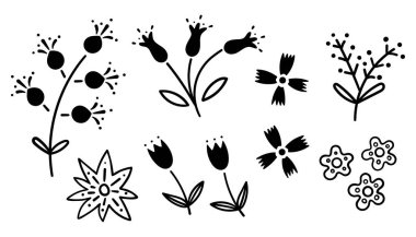 Çeşitli basit çiçeklerin siyah silueti ve beyaz arkaplanda bir vektör çiziminde yapraklar.