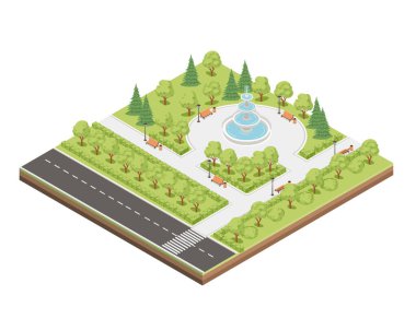 Asfalt yolu ve fıskiyeli Isometric şehir parkı peyzaj tasarımı kavramı. Beyaz arka planda izole edilmiş bir vektör çizimi..
