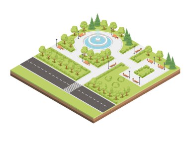 Asfalt yolu ve fıskiyeli Isometric şehir parkı peyzaj tasarımı kavramı. Beyaz arka planda izole edilmiş bir vektör çizimi..