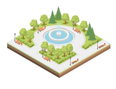 Isometric şehir parkı peyzaj tasarımı kavramı, beyaz arka planda izole edilmiş, su çeşmesi vektör çizimi ile.