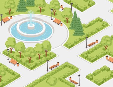 Isometric şehir parkı peyzaj tasarımı kavramı, beyaz arka planda izole edilmiş, su çeşmesi vektör çizimi ile.