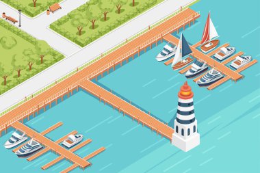 Üç boyutlu izometrik manzara marina iskelesi yelkenlisi ve yat liman vektör ilüstrasyonunu gösteriyor.