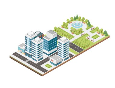 Üç boyutlu izometrik manzara hareketli caddeler, yüksek gökdelenler ve sakin bir park. Kentsel modern şehir tasarımı, vektör illüstrasyonu beyaz arkaplanda izole edildi.