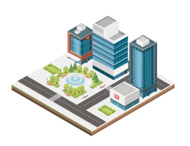 Üç boyutlu izometrik manzara hareketli caddeler, yüksek gökdelenler ve sakin bir park. Kentsel modern şehir tasarımı, vektör illüstrasyonu beyaz arkaplanda izole edildi.