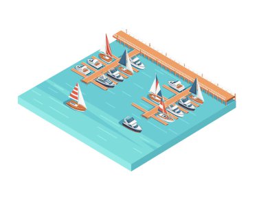 Beyaz arka planda izole edilmiş üç boyutlu izometrik görüntü marina iskelesi yelkenli ve yat liman vektör ilüstrasyonunu gösteriyor.