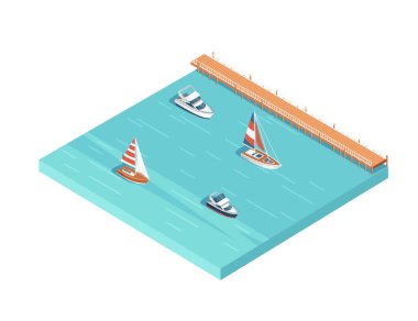 Beyaz arka planda izole edilmiş üç boyutlu izometrik görüntü marina iskelesi yelkenli ve yat liman vektör ilüstrasyonunu gösteriyor.