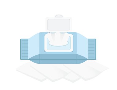 Plastik pakette ıslak temizleme bezleri ve beyaz arkaplanda izole edilmiş plastik kap vektör çizimi.