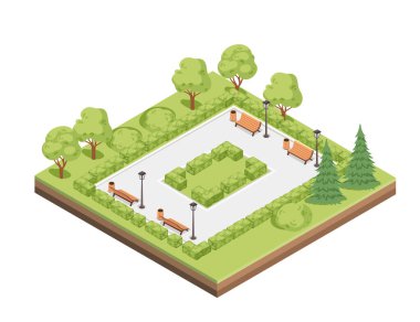 İzometrik şehir parkı peyzaj tasarımı konsept vektör çizimi beyaz arkaplanda izole.