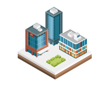 Üç boyutlu izometrik manzara hareketli sokakları, yüksek gökdelenleri gösteriyor. Kentsel modern şehir tasarımı, vektör illüstrasyonu beyaz arkaplanda izole edildi.