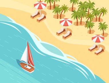 Şemsiyenin altında güneşli yataklar, palmiye ağaçları ve yelkenli teknesi olan tropikal bir kumsal manzarası..