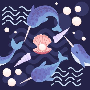 Arkaplanda soyut dalgalar ve inci karikatür hayvan tasarım vektör çizimi desenli kabukları olan şirin mavi deniz gergedanı..