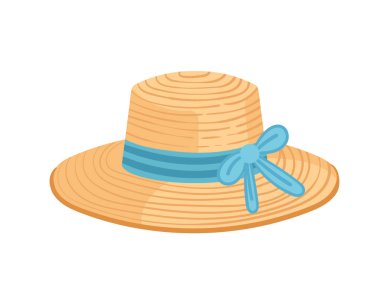 Beyaz arka planda mavi kurdeleli ve yay vektör resimli kadın hasır şapkası.