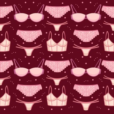 Kırmızı arka planda kadın iç çamaşırı sutyeni ve iç çamaşırı retro seksi tasarım vektörü çiziminin kusursuz deseni.