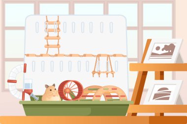 Şeffaf plastik hamster kafesi, küçük bir evi, tekerleği ve asılı içkisi var. Arka planda odası olan şirin bir hayvan tasarımı çizgi filmi. Vektör illüstrasyonu,