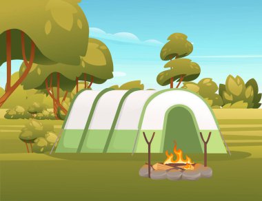 Çadır ve şenlik ateşiyle seyahat kampı. Manzara arka planında mavi gökyüzü ve orman. Vektör illüstrasyonu.