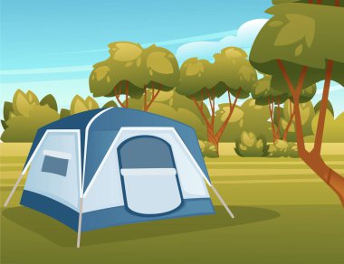 Çadırlı seyahat kampı. Manzara arka planında mavi gökyüzü ve orman. Vektör illüstrasyonu.